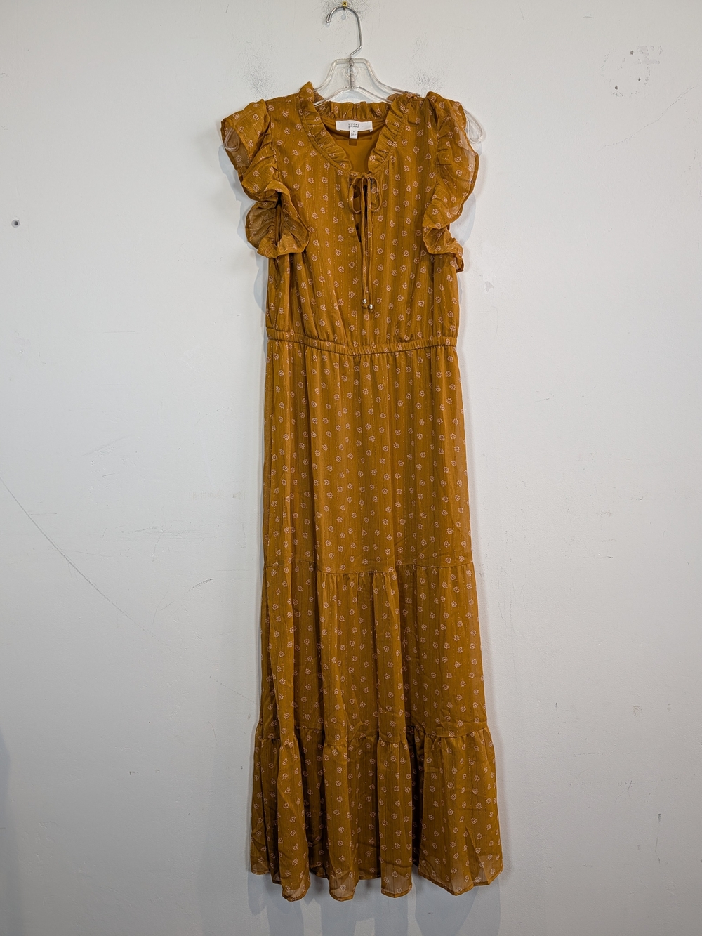 Lucky Brand Mustard Floral Tie-Neck Maxi Dress, Size Medium